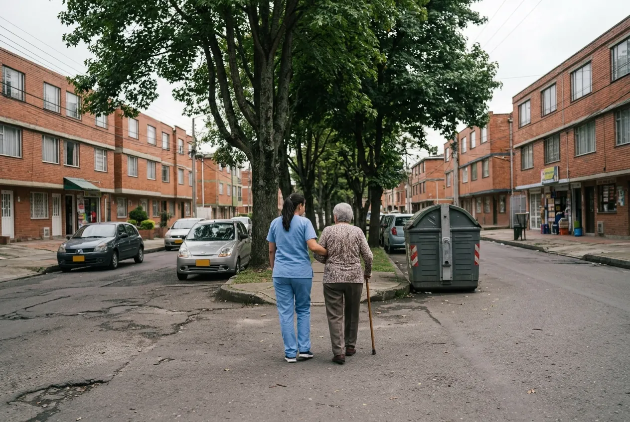 Auxiliar de enfermería acompañando a una adulta mayor con bastón por una calle residencial de Bogotá.