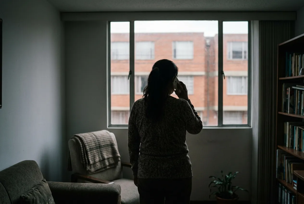 Una mujer habla por teléfono junto a la ventana de su casa.