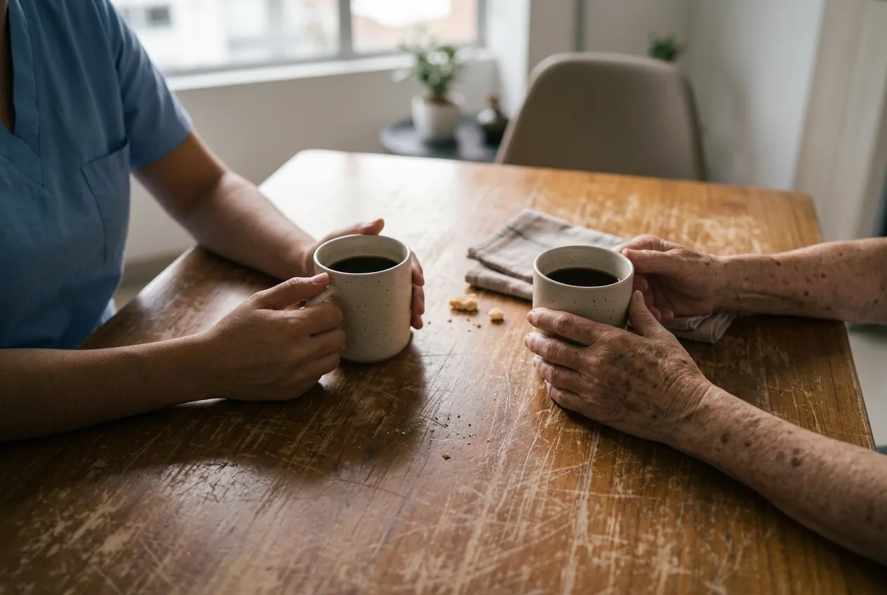 Las manos de una auxiliar de enfermería y las de una adulta mayor con sendas tazas de café sobre la mesa.