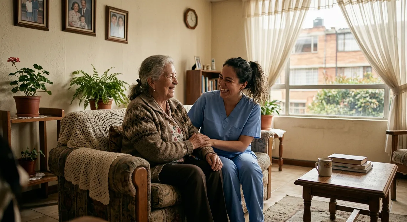Auxiliar de enfermería conversando con una adulta mayor en la sala de su apartamento en Bogotá.